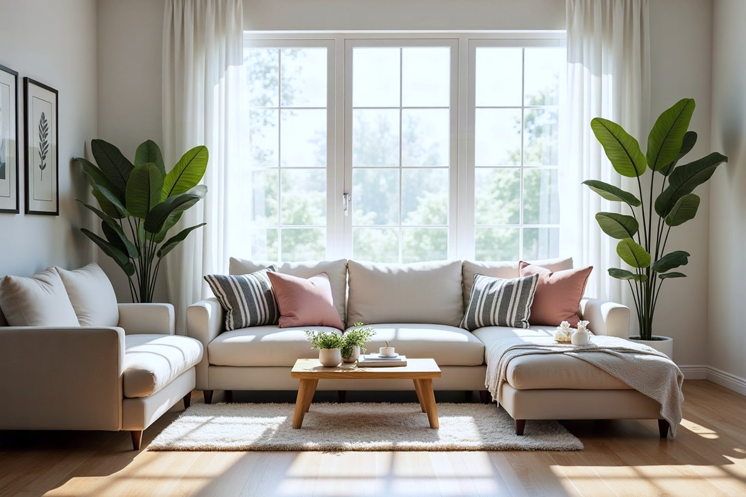 Bright living room with sectional sofa, plants, and large window