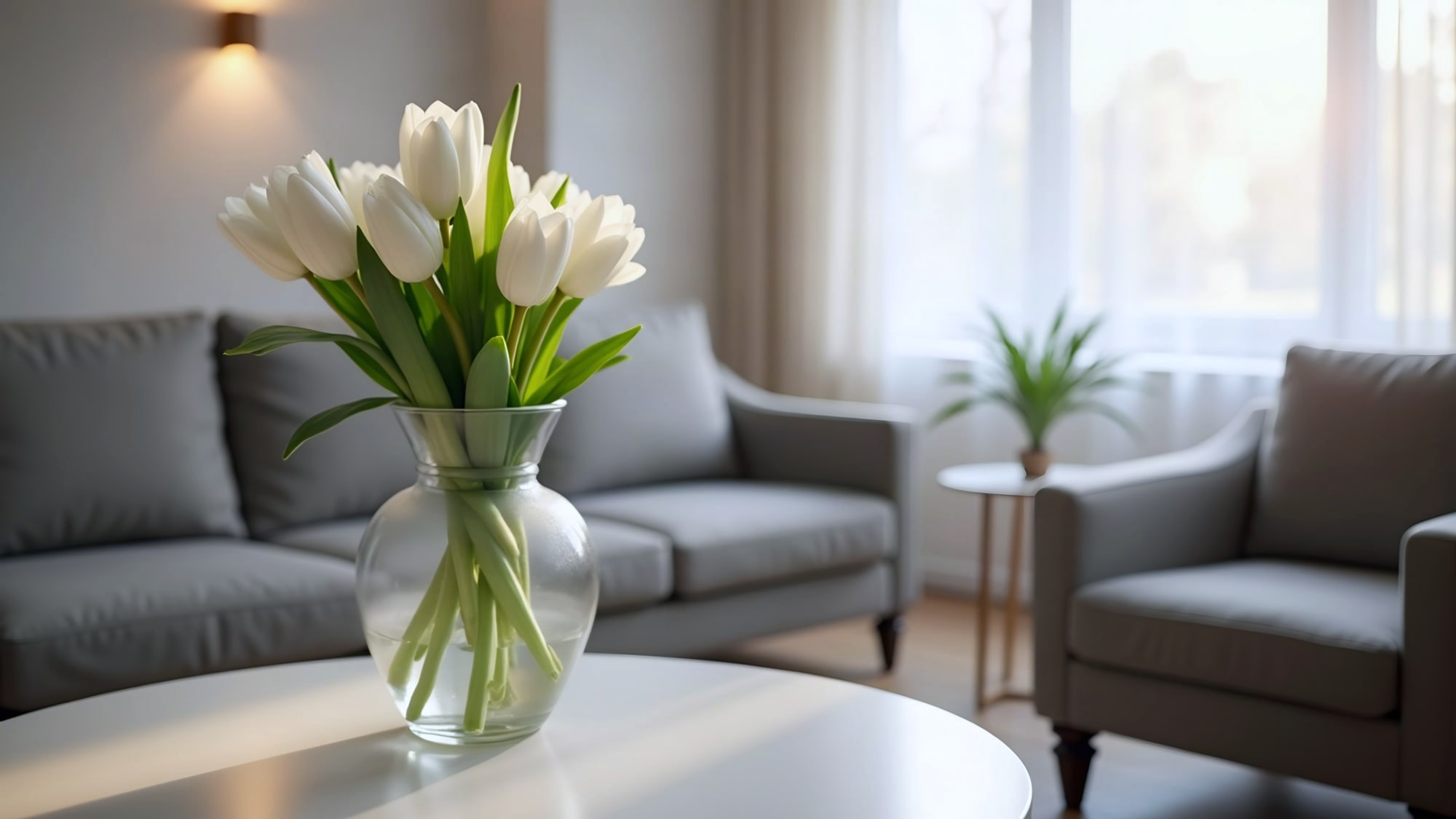 White tulips in glass vase in softly lit gray living room